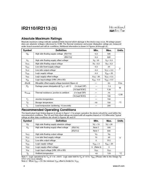 IR2110/IR2113 Datasheet PDF (178 KB) International Rectifier | Pobierz ...