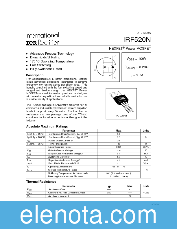 IRF520N Datasheet PDF (117 KB) International Rectifier | Pobierz z ...