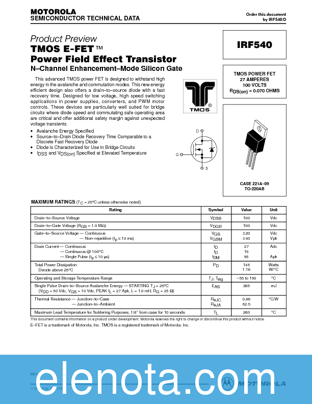 IRF540 Datasheet PDF (143 KB) ON Semiconductor | Pobierz z Elenota.pl