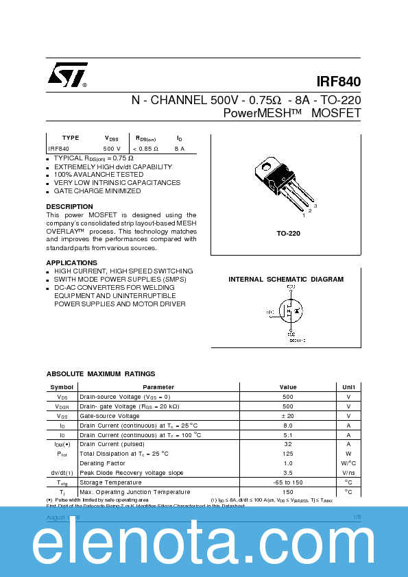 IRF840 Datasheet PDF (93 KB) STMicroelectronics | Pobierz z Elenota.pl