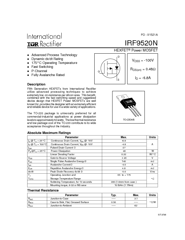 IRF9520N Datasheet PDF (96 KB) International Rectifier | Pobierz z ...