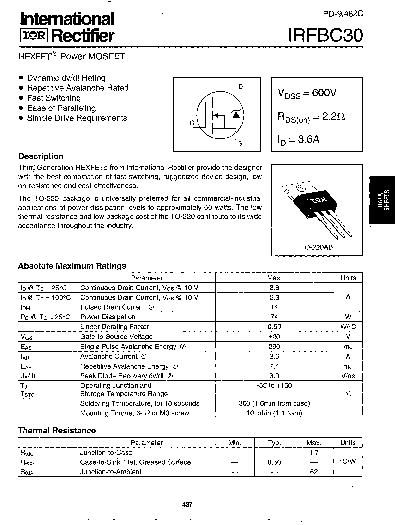 IRFBC30 Datasheet PDF (174 KB) International Rectifier | Pobierz z ...