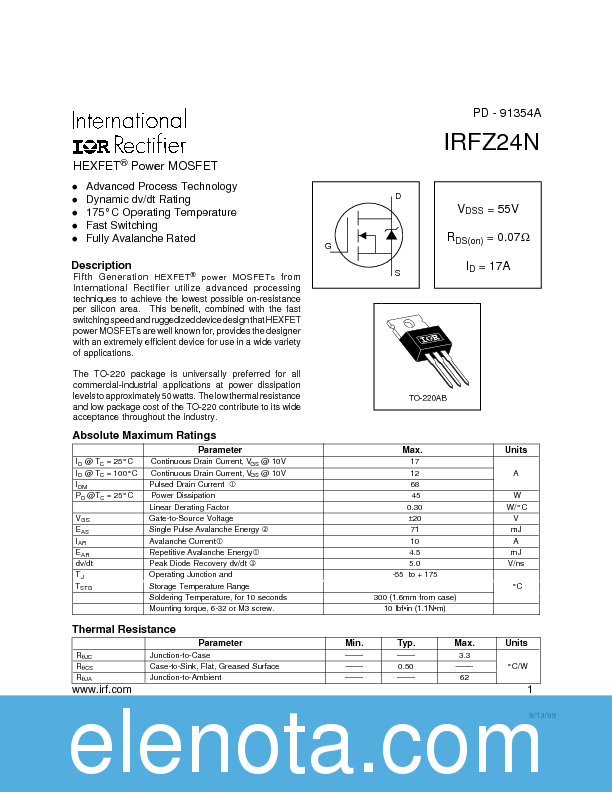 IRFZ24N Datasheet PDF (124 KB) International Rectifier | Pobierz z ...