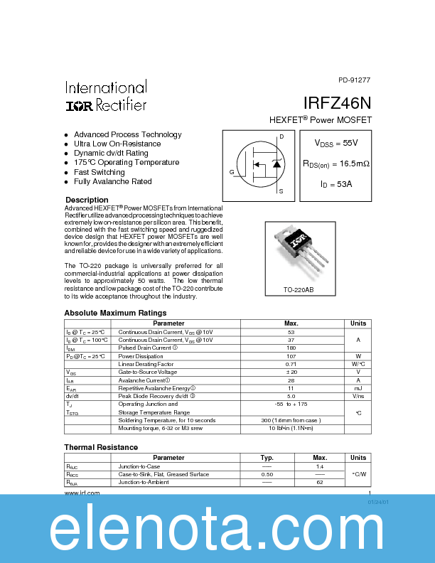 IRFZ46N Datasheet PDF (85 KB) International Rectifier | Pobierz z ...