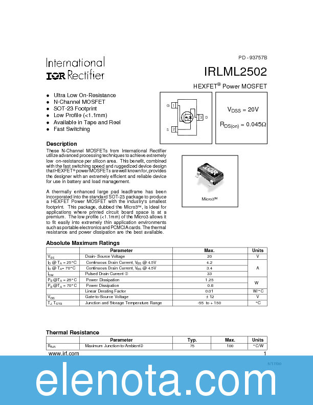IRLML2502 Datasheet PDF (121 KB) International Rectifier | Pobierz z ...