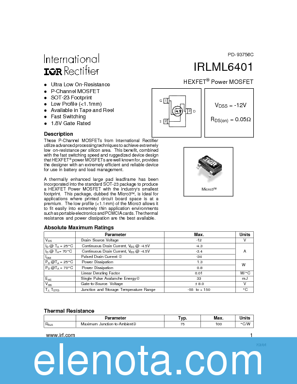 IRLML6401 Datasheet PDF (210 KB) International Rectifier | Pobierz z ...