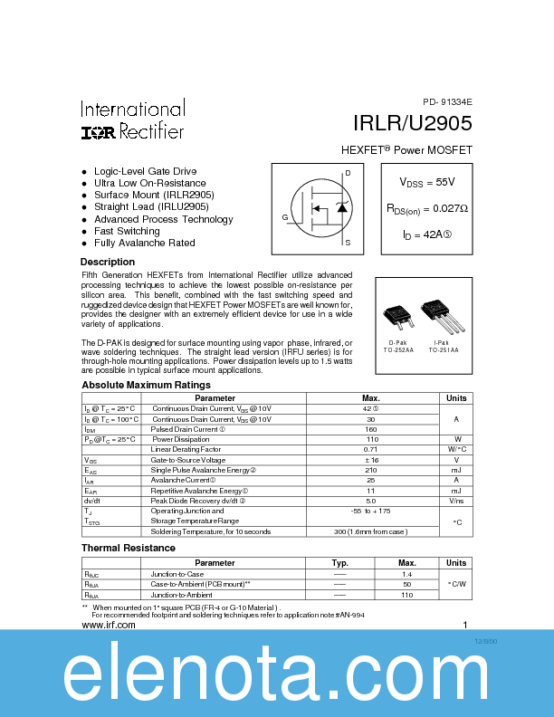 IRLR2905 Datasheet PDF (135 KB) International Rectifier | Pobierz z ...