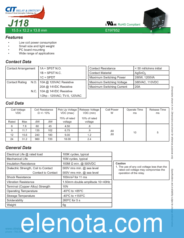 J118 Datasheet PDF (168 KB) CIT | Pobierz z Elenota.pl