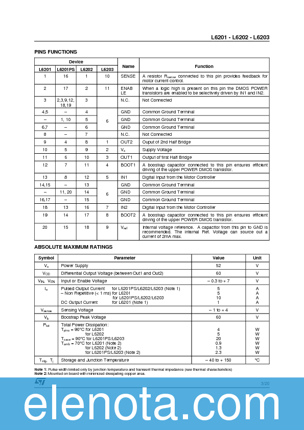 L6201 Datasheet PDF (6.82 MB) STMicroelectronics | Pobierz z Elenota.pl