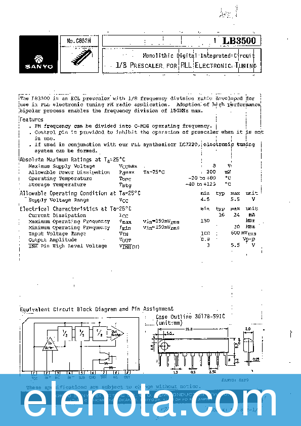 LB3500 Datasheet PDF (50 KB) Sanyo | Pobierz z Elenota.pl