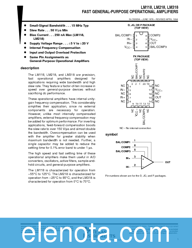 LM318 Datasheet PDF (88 KB) Texas Instruments | Pobierz z Elenota.pl