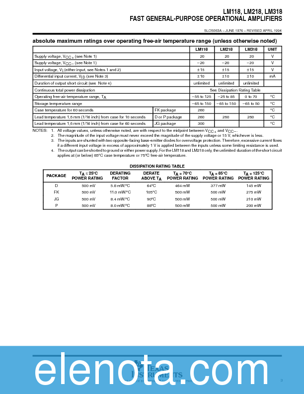 LM318 Datasheet PDF (88 KB) Texas Instruments | Pobierz z Elenota.pl