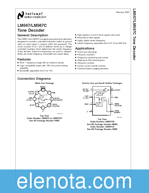 LM567 Datasheet PDF (341 KB) National Semiconductor | Pobierz z Elenota.pl