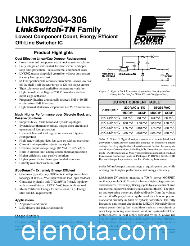 LNK302 Datasheet PDF (881 KB) Power Integrations | Pobierz z Elenota.pl