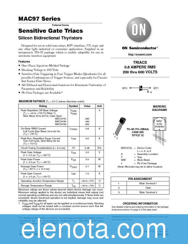 MAC97 Datasheet PDF (84 KB) ON Semiconductor | Pobierz z Elenota.pl