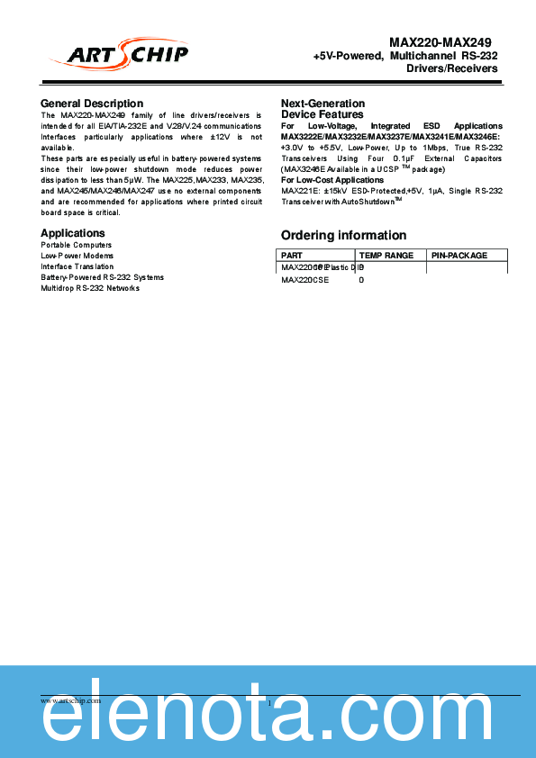 MAX233 Datasheet PDF (2.44 MB) ArtsChip | Pobierz z Elenota.pl