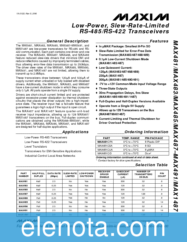 MAX485/MAX487 Datasheet PDF (161 KB) Maxim | Pobierz z Elenota.pl