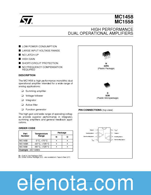 MC1458 Datasheet PDF (134 KB) STMicroelectronics | Pobierz z Elenota.pl