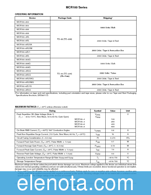 MCR100 Datasheet PDF (66 KB) ON Semiconductor | Pobierz z Elenota.pl