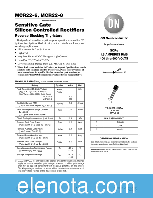 MCR22-6 Datasheet PDF (155 KB) ON Semiconductor | Pobierz z Elenota.pl
