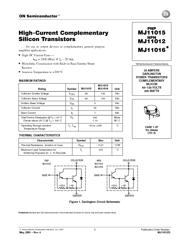 MJ11015 Datasheet PDF (65 KB) ON Semiconductor | Pobierz z Elenota.pl