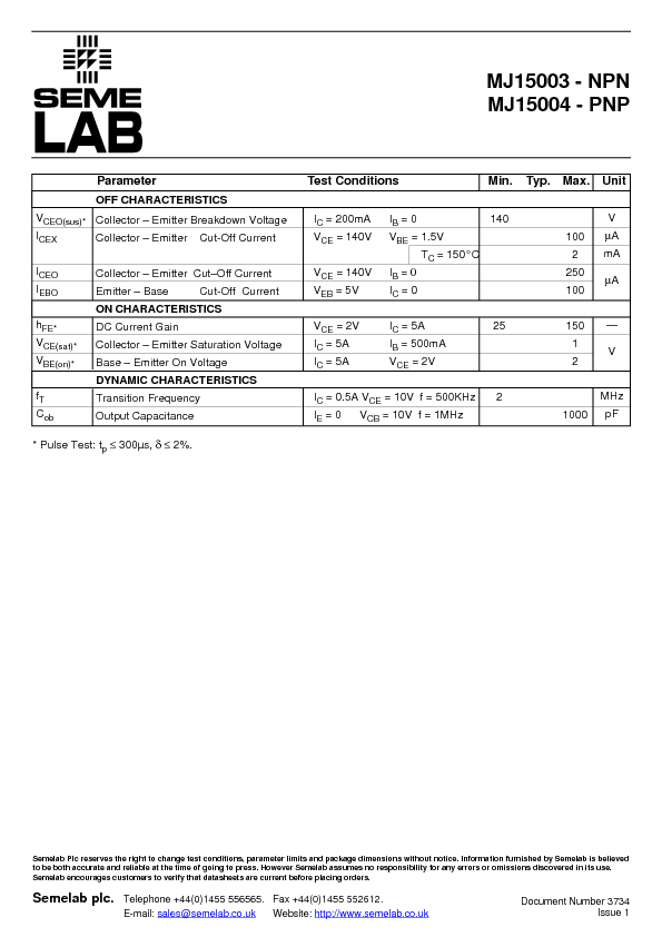 MJ15003 Datasheet PDF (23 KB) Semelab | Pobierz z Elenota.pl