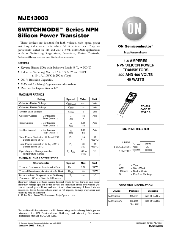 MJE13003 Datasheet PDF (107 KB) ON Semiconductor | Pobierz z Elenota.pl