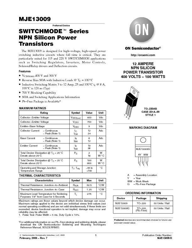 MJE13009 Datasheet PDF (148 KB) ON Semiconductor | Pobierz z Elenota.pl