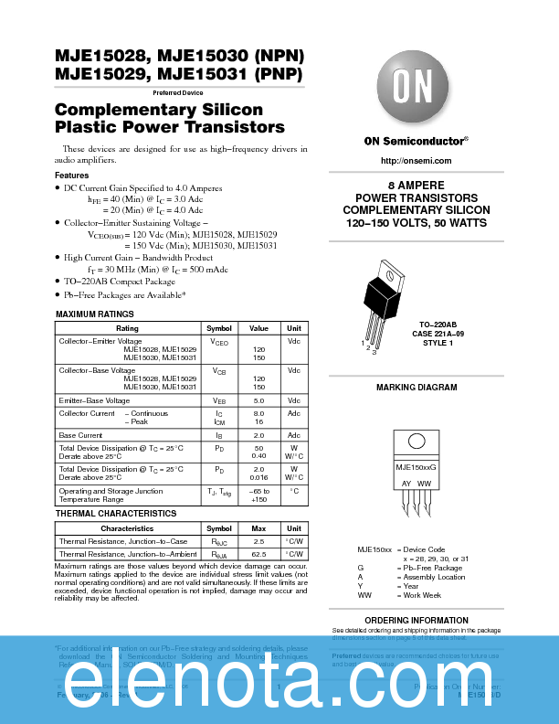 MJE15030 Datasheet PDF (80 KB) ON Semiconductor | Pobierz z Elenota.pl