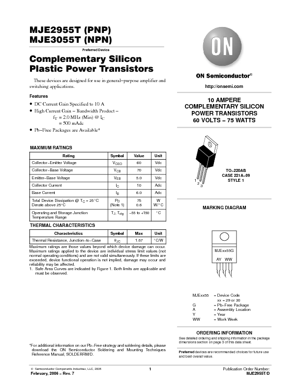 MJE2955T Datasheet PDF (62 KB) ON Semiconductor | Pobierz z Elenota.pl