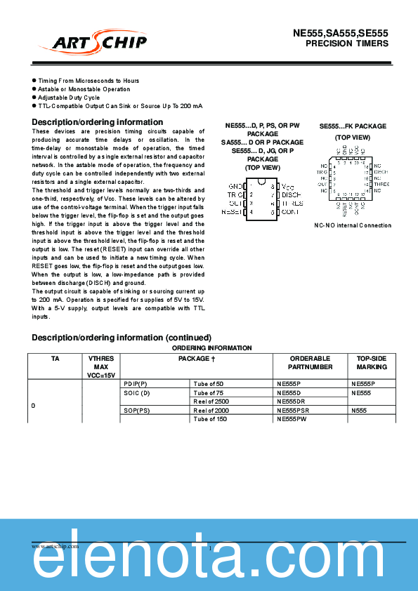 NE555 Datasheet PDF (782 KB) ArtsChip | Pobierz z Elenota.pl