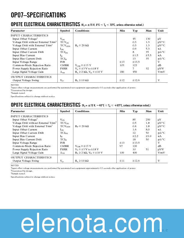 OP07 Datasheet PDF (201 KB) Analog Devices | Pobierz z Elenota.pl