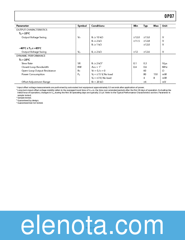 OP07 Datasheet PDF (305 KB) Analog Devices | Pobierz z Elenota.pl