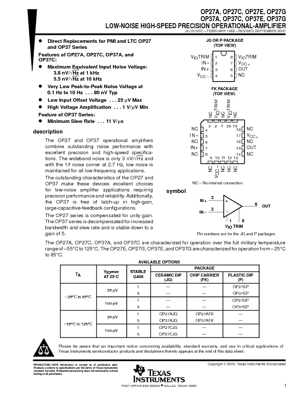 OP27 Datasheet PDF (305 KB) Texas Instruments | Pobierz z Elenota.pl