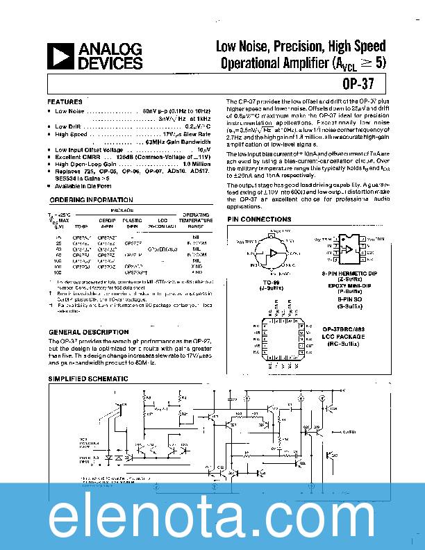 OP37 Datasheet PDF (703 KB) Analog Devices | Pobierz z Elenota.pl