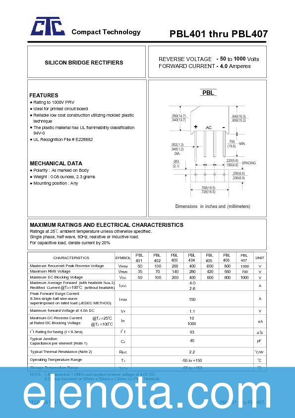 PBL405 Datasheet PDF (49 KB) Compact Technology | Pobierz z Elenota.pl
