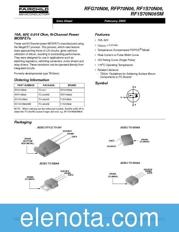 RFP70N06 Datasheet PDF (230 KB) Fairchild | Pobierz z Elenota.pl