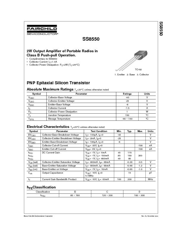 SS8550 Datasheet PDF (41 KB) Fairchild | Pobierz z Elenota.pl