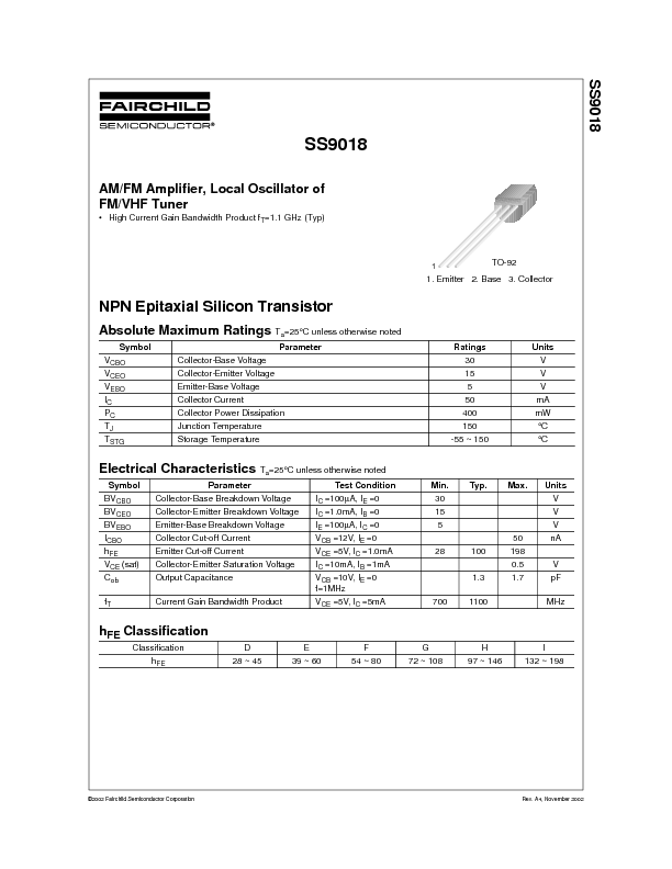 SS9018 Datasheet PDF (40 KB) Fairchild | Pobierz z Elenota.pl