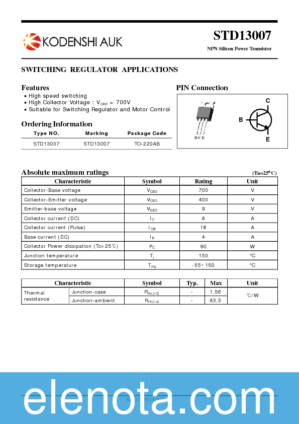 std13007 datasheet Std13007 auk npn silicon power transistor chipfind datasheet.