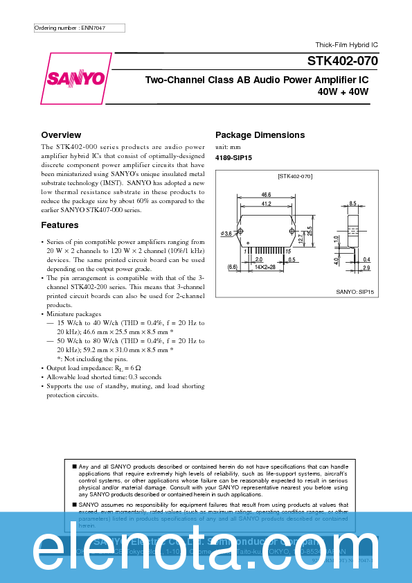STK402-070 Datasheet PDF (64 KB) Sanyo | Pobierz z Elenota.pl