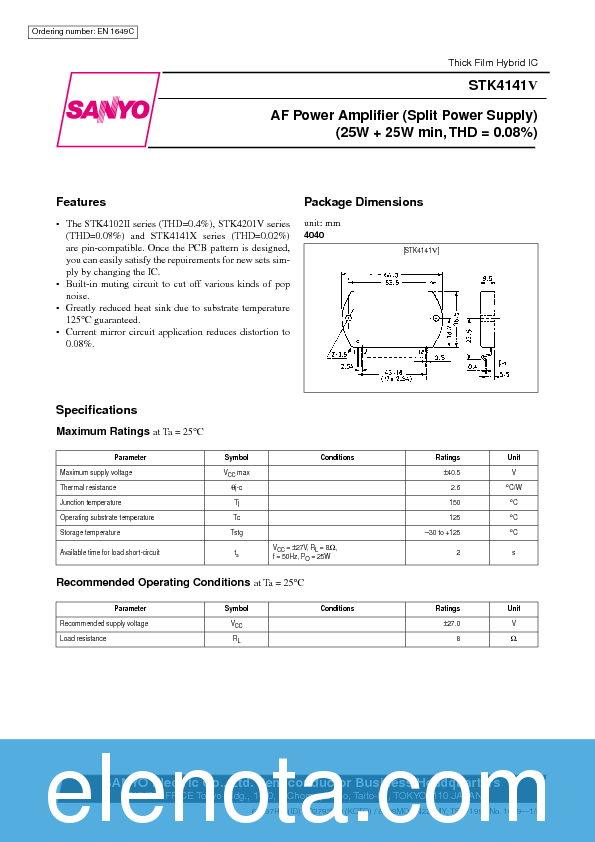 STK4141V Datasheet PDF (375 KB) Sanyo | Pobierz z Elenota.pl