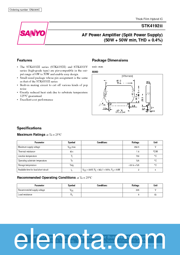 STK4192II Datasheet PDF (253 KB) Sanyo | Pobierz z Elenota.pl