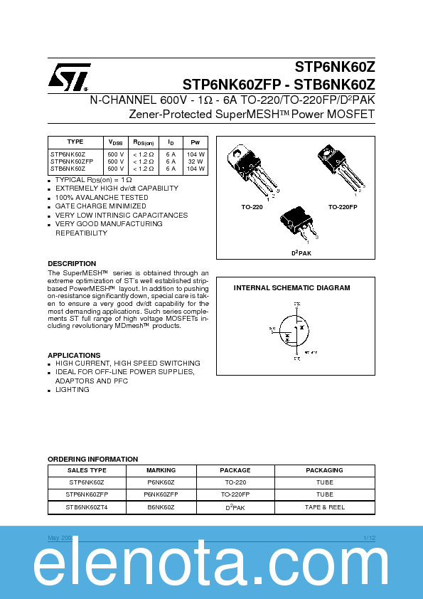 STP6NK60ZFP Datasheet PDF (195 KB) STMicroelectronics | Pobierz z ...