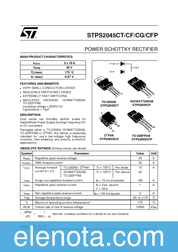 STPS2045CT Datasheet PDF (90 KB) STMicroelectronics | Pobierz z Elenota.pl
