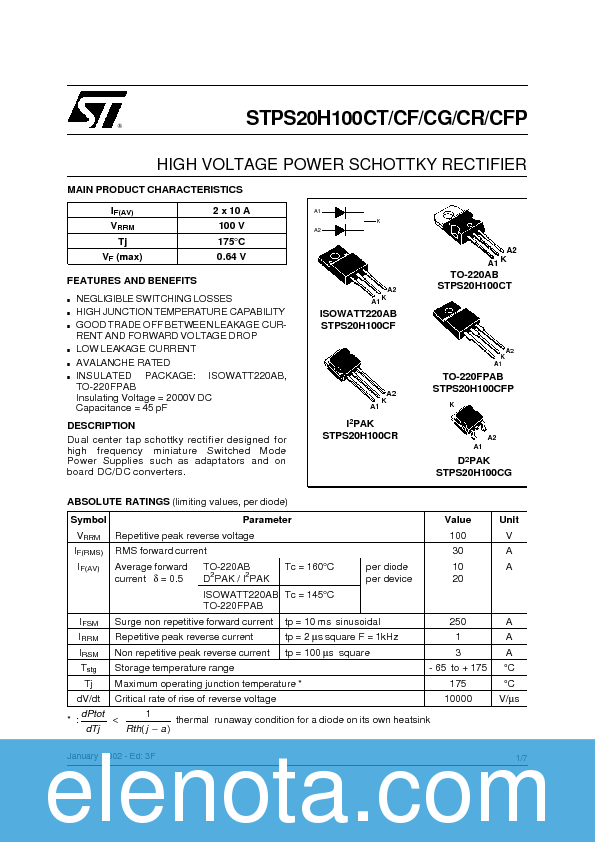 STPS20H100CFP Datasheet PDF (93 KB) STMicroelectronics | Pobierz z ...