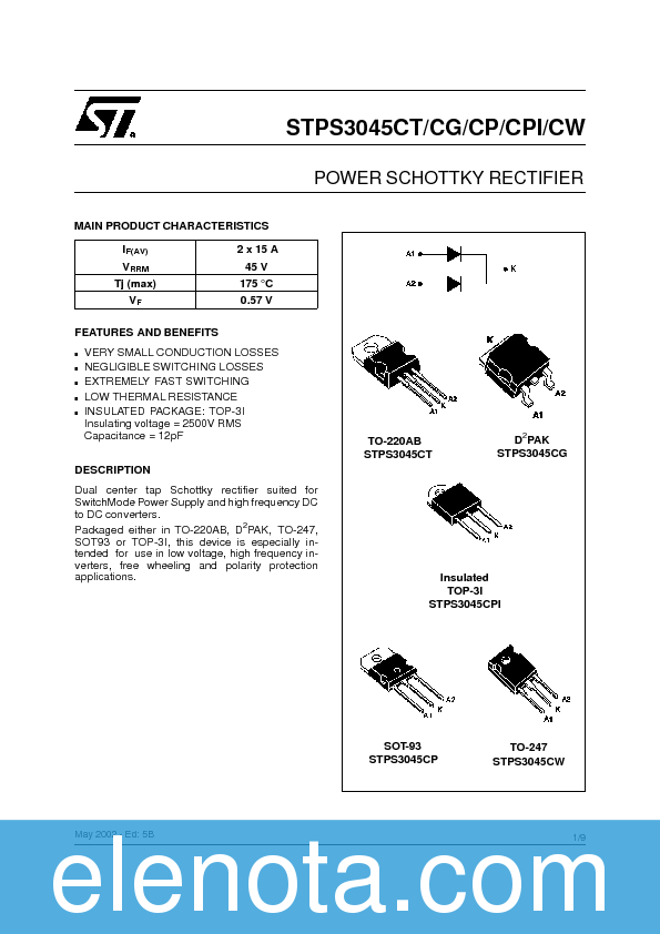 STPS3045CP Datasheet PDF (101 KB) STMicroelectronics | Pobierz z Elenota.pl