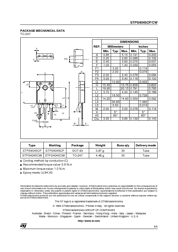 STPS4045CW Datasheet PDF (59 KB) STMicroelectronics | Pobierz z Elenota.pl