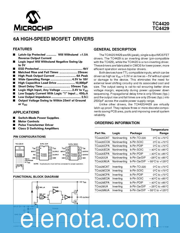 TC4420 Datasheet PDF (65 KB) Microchip | Pobierz z Elenota.pl