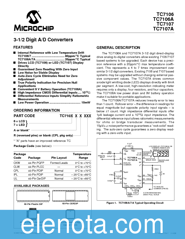 TC7106 Datasheet PDF (205 KB) Microchip | Pobierz z Elenota.pl